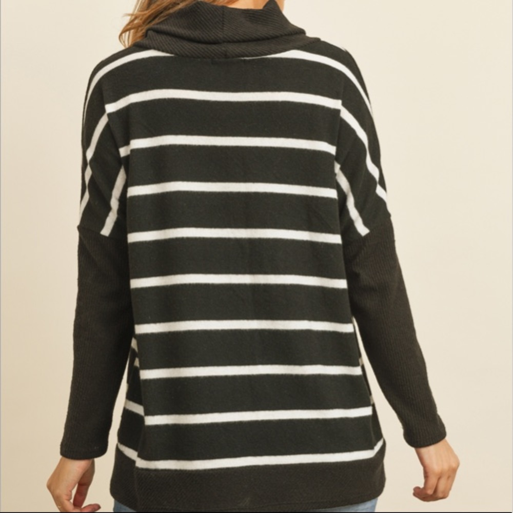 NEW Black White Stripe Cowl Neck Sweater Top - Picture 3 of 5